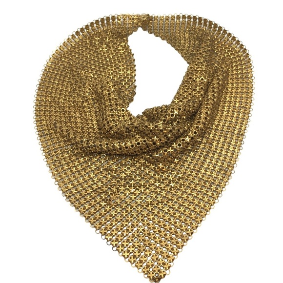 VINTAGE LARGE MESH SCARF NECKLACE TRIANGLE BRONZE GOLD TONE METAL STATEMENT - Picture 4 of 14